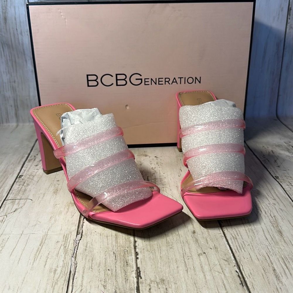 BCBGeneration Womens Falla Mule Clear Strap Bubble gum Heels size 5.5‎